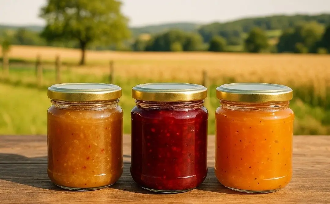 Mermeladas artesanales francesas en frascos sobre una mesa de madera con paisaje campestre de fondo