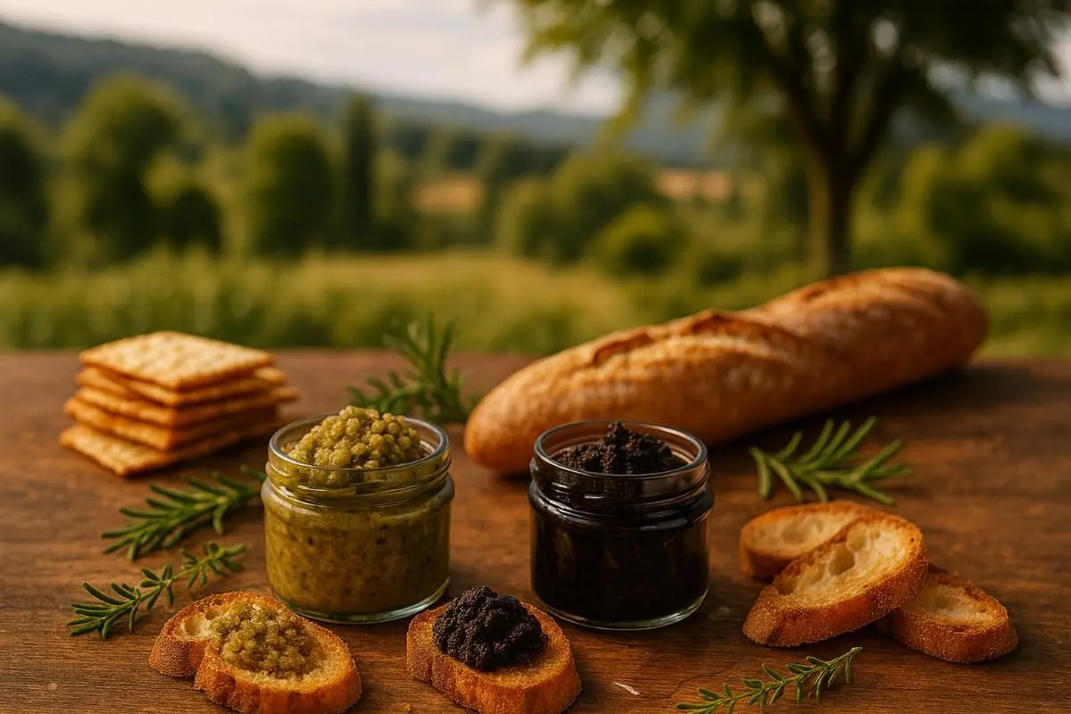 Botes de tapenade verde y negra con baguette y crackers en mesa rústica