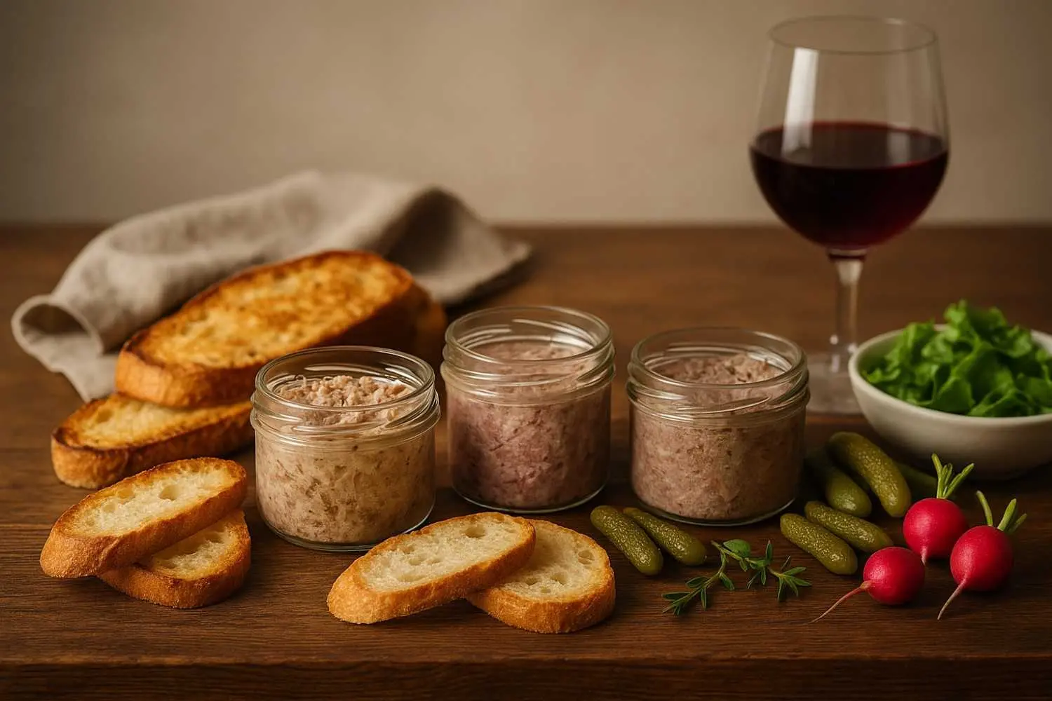 Botes artesanales de paté de campaña, terrina de conejo y rillettes francesas con baguette, cornichons y ensalada sobre mesa rústica