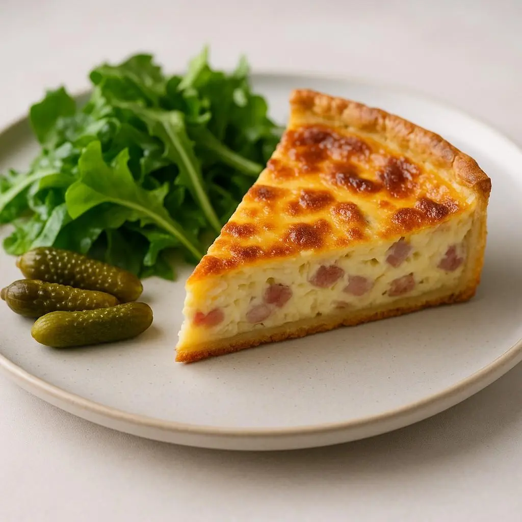 Quiche lorraine francesa con ensalada y cornichons, disponible en CDMX