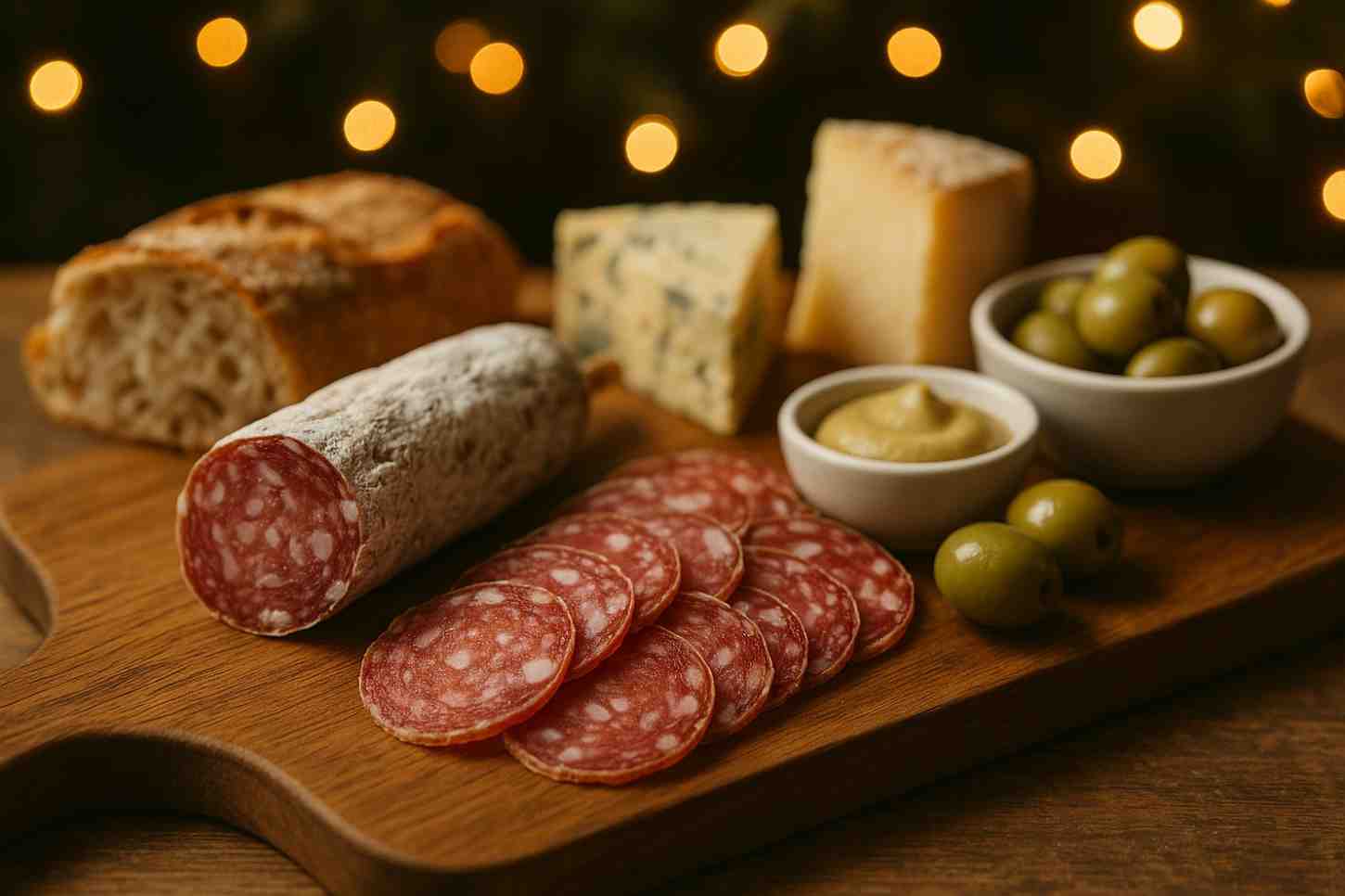 Salchichón europeo en rodajas presentado en una mesa de Navidad con adornos festivos y ambiente cálido.