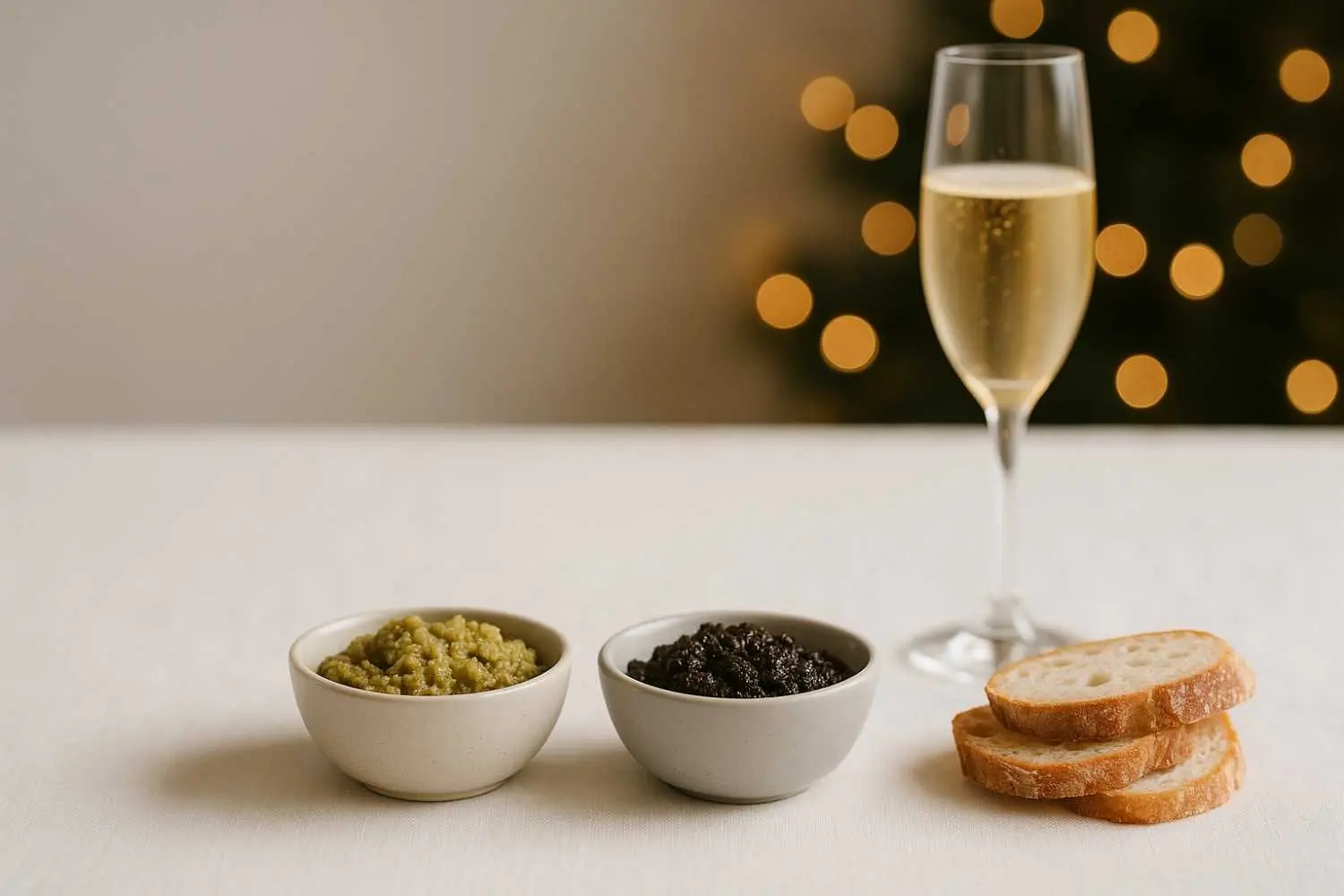 Tapenades verde y negra con pan y una copa de champagne.