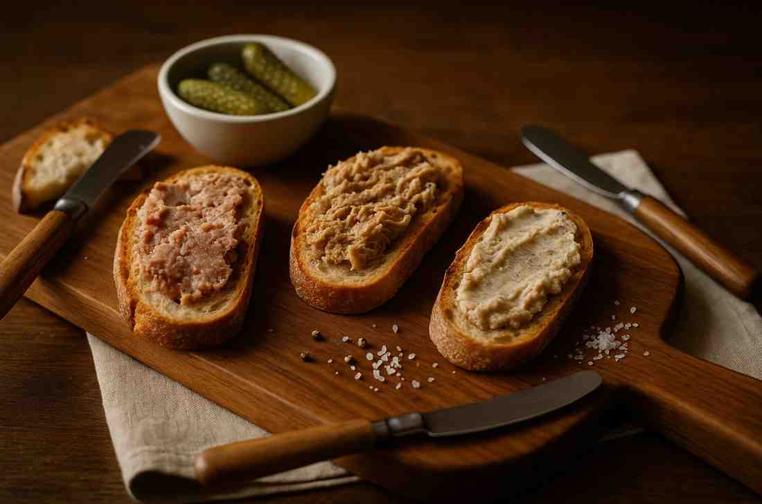 Pâtés, rillettes y terrinas untados sobre pan artesanal en una tabla de aperitivo.
