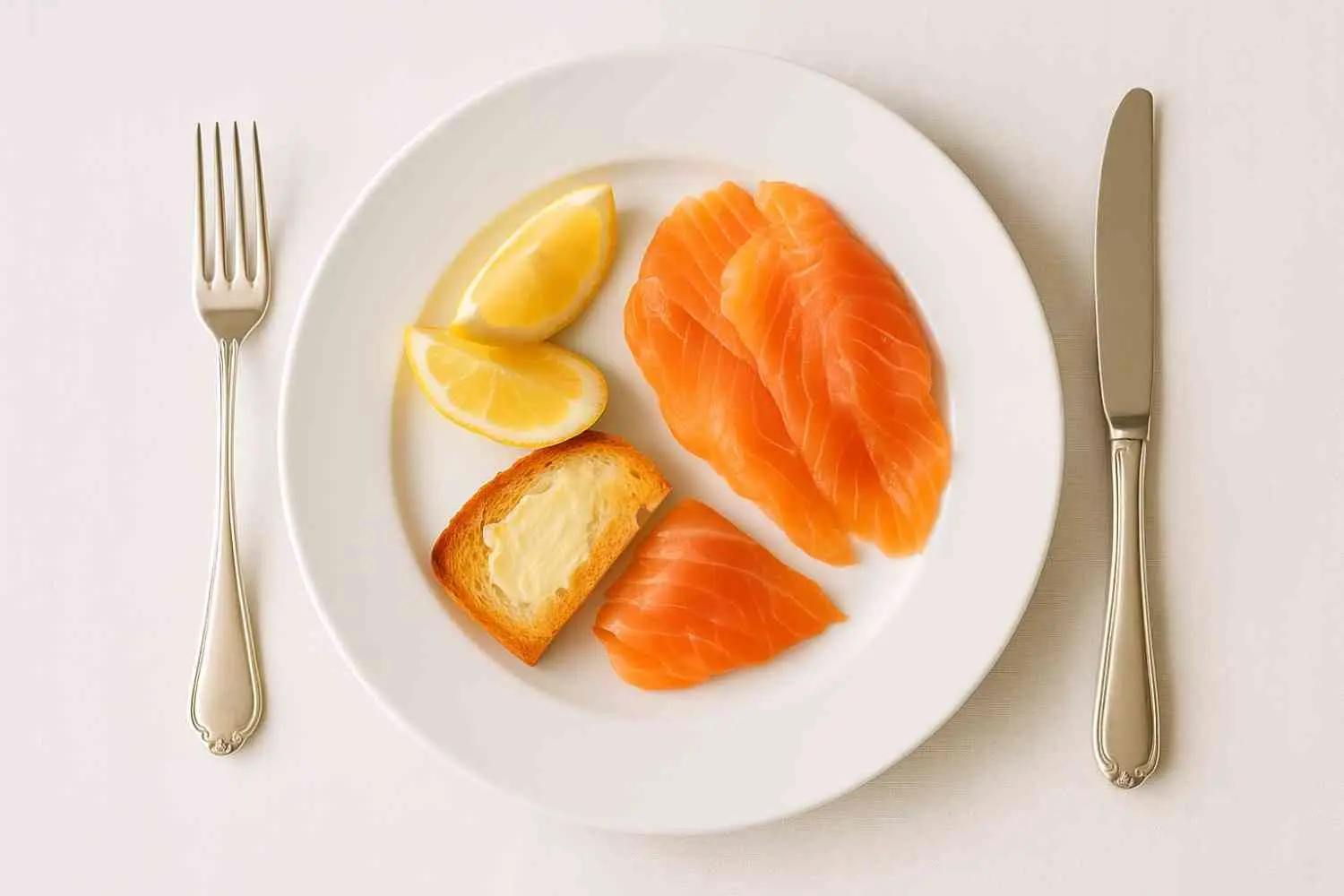 Entrada de salmón ahumado con pan tostado y limón en plato blanco, con cubiertos elegantes.