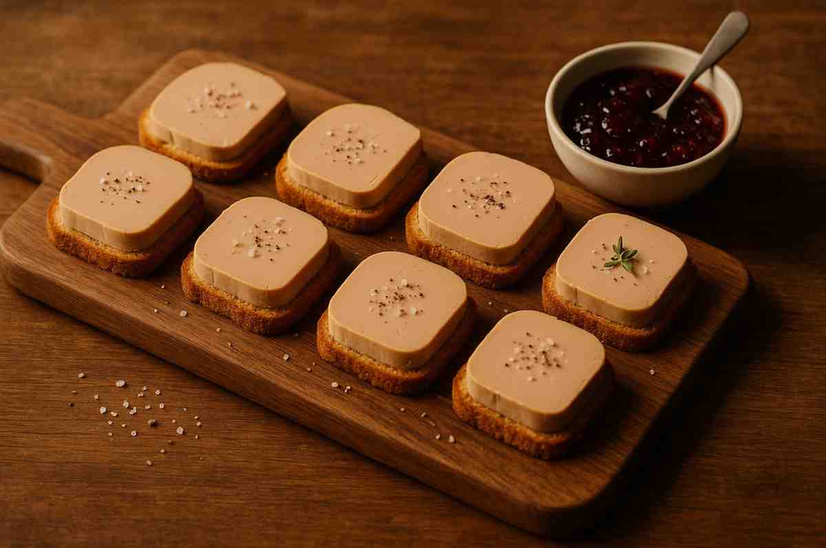Tostadas de foie gras gourmet con mermelada sobre tabla de madera, fotografía artesanal en CDMX.