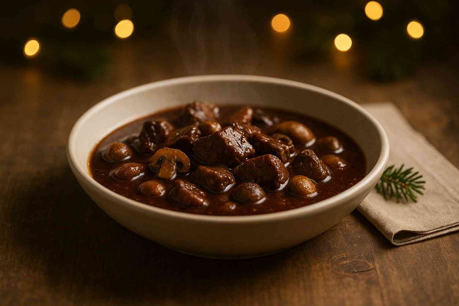 Boeuf Bourguignon en un tazón cerámico sobre mesa de madera con un toque navideño.