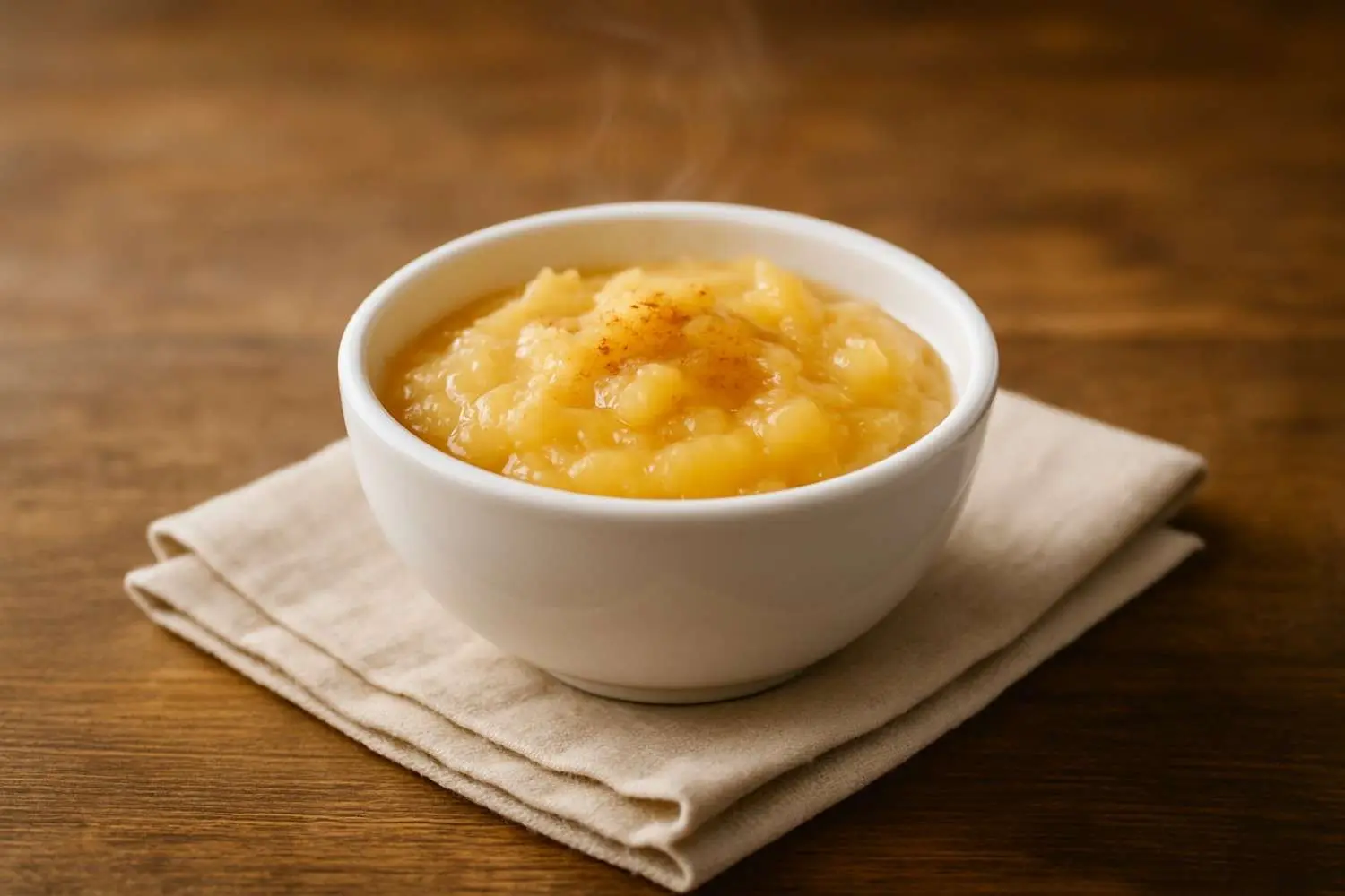 Compota de manzana caliente servida en un tazón blanco sobre mesa de madera.
