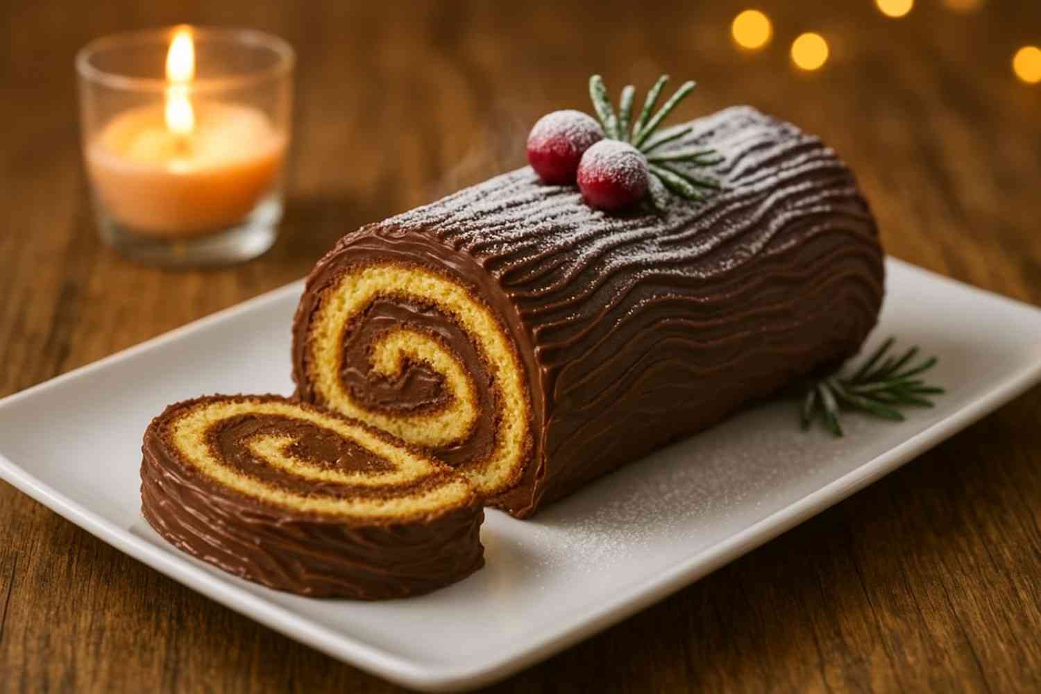 Tronco navideño de chocolate con interior enrollado y decoración invernal sobre plato blanco.