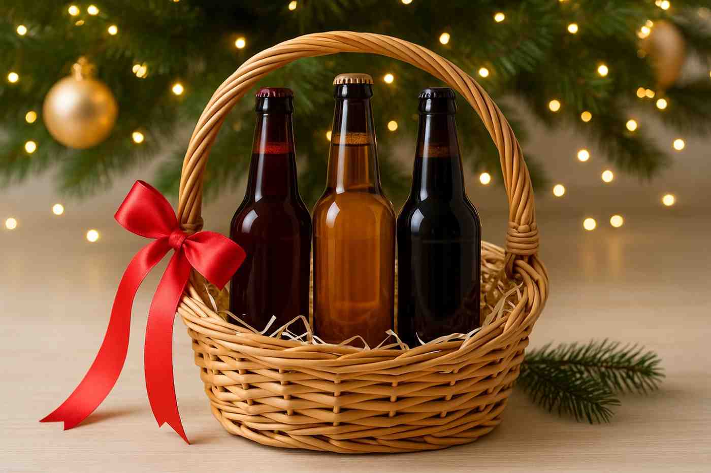 Canasta navideña con tres cervezas sin etiqueta bajo un árbol de Navidad.