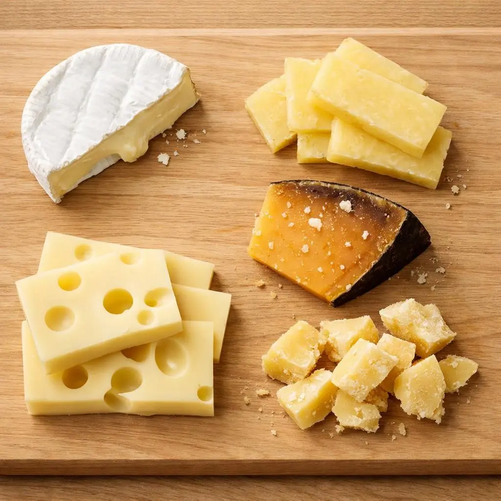 Tabla de quesos gourmet con brie, cantal, old amsterdam, emmental y comté en CDMX