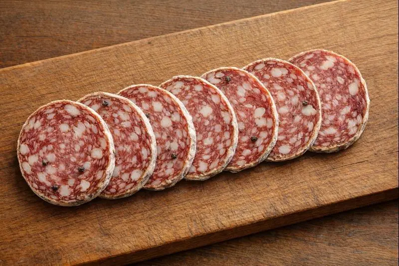 Salchichón seco francés cortado en lonchas circulares gruesas, alineadas sobre una tabla de madera