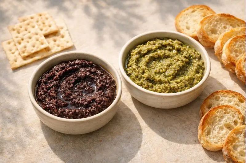 Tapenadas artesanales de aceitunas negras y verdes servidas en cuencos de cerámica con pan tostado