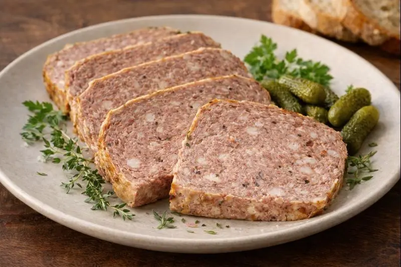 Paté de campiña francés en lonchas gruesas con cornichones y hierbas frescas sobre plato